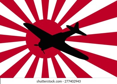 Japanese World War 2 Torpedo Bomber Silhouette Against A Rising Sun Imperial Navy Flag.