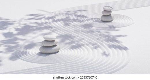 Japanese Zen Garden Stone Balance On Nature Light White Background.for Branding And Product Presentation.3d Rendering Illustration. 