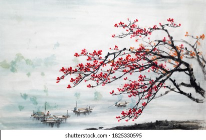 Japanese/Chinese landscapes ink and wash painting.Eastern traditional culture.