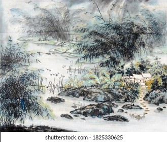 Japanese/Chinese Landscapes Ink And Wash Painting.Eastern Traditional Culture.