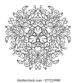 Jasmin Abstract Flower Mandala Hand Drawn On Paper In Black And White Outlines For Adult Coloring Book Kaleidoscopic Design Ayurvedic Aromatic Flowers Arrangmenet Bouquet Design Spring Wedding Invite