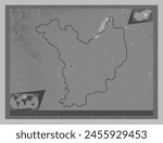Jasz-Nagykun-Szolnok, county of Hungary. Grayscale elevation map with lakes and rivers. Corner auxiliary location maps