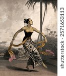 A Javanese girl dancing with long scarves tied to her waist by W. Daniell, 1817. Vintage woman illustration. Vintage woman art drawing illustration, woman lady, beautiful portrait. Old painting print.