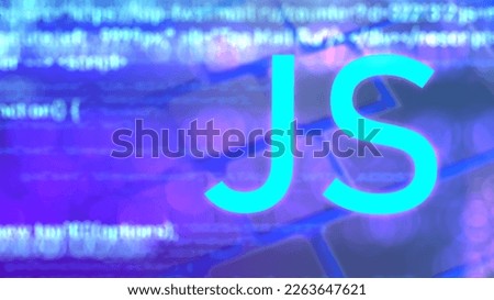 JavaScript coding. JS logo near keyboard. Writing JavaScript code. Concept of software development and sites on JS. JavaScript development in IT company. Generating Java code. 3d image.