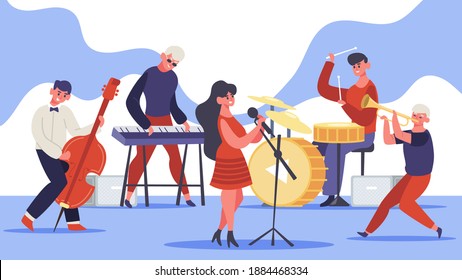 Jazz band concert. Music band musicians singing and playing guitar and drums and bass, modern jazz team. Rock band performance  illustration. Woman singing on stage, festival or musical event - Powered by Shutterstock