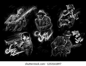 Jazz And Blues Music Set. Music Characters Are Playing The Saxophone, Trumpet And Guitar. Abstract Line Grunge Style Illustration Festival Poster With Written By Hand Font On Black Background.