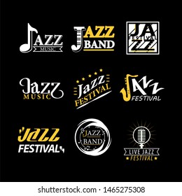 Jazz Festival Logos Set Isolated On Black Background. Jazz Festival Logotypes, Advertisement Emblems With Musical Symbols For Jazz Music Promotion.  Illustration Of Labels For Jazz Brand