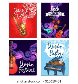 Jazz Rock Classic Concert Mini Poster Sketch Set With Music Instruments Isolated  Illustration