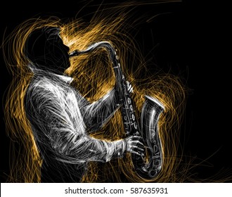 Jazz saxophone player jazz musician saxophonist abstract line grunge style illustration festival poster 