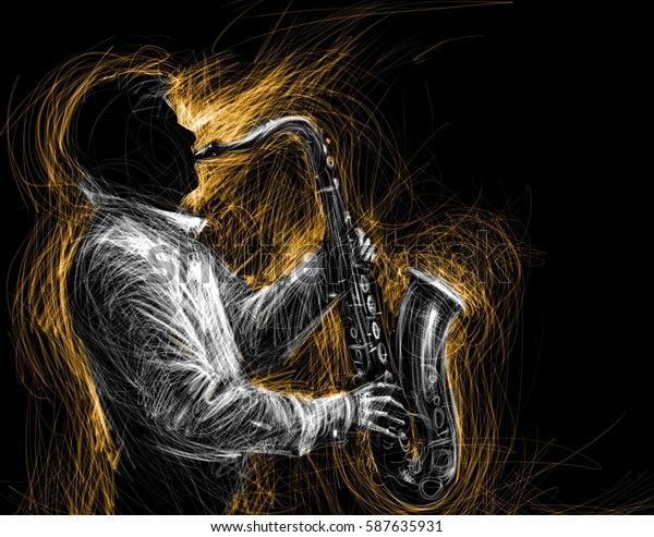 Jazz saxophone player\
jazz musician saxophonist abstract line grunge style illustration\
festival poster 