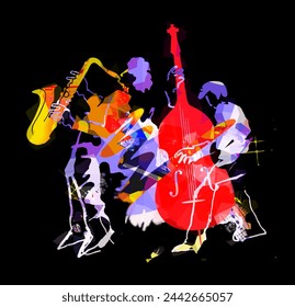 Jazz theme,Contrabass musician and saxophonist.
 Expressive colorful  Illustration of two jazz musicians on grunge background with music notes on black background. - Powered by Shutterstock