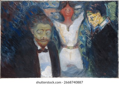 Jealousy, 1913 by Edvard Munch. Vintage artwork by famous artist Edvard Munch. Vintage painting of jealousy between people by Edvard Munch.