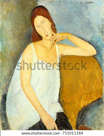 JEANNE HEBUTERNE, by Amedeo Modigliani, 1919, Italian modernist painting, oil on canvas. Hebuterne, the artists 21 year old mistress, was pregnant with their second child. This portrait is painted wit