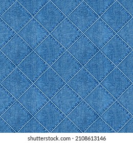 Jeans Patchwork Fashion Background. Denim Blue Grunge Textured Seamless Pattern. Textile Fabric Material Cotton Texture.