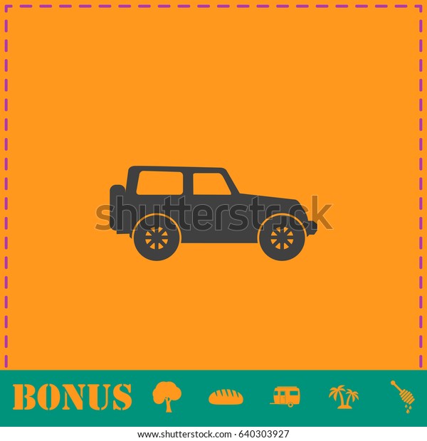 Jeep travel icon flat. Simple illustration\
symbol and bonus\
pictogram