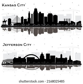 Jefferson City and Kansas City Missouri Skyline Silhouette Set with Black Buildings and Reflections Isolated on White. Cityscape with Landmarks.