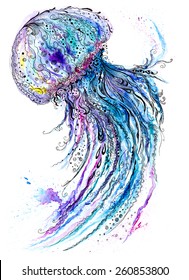 Jelly Fish Watercolor And Ink Painting | Creative Sea Life Art Illustration With Blue Medusa