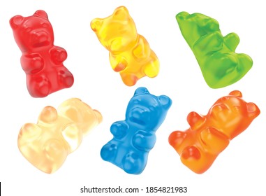 Jelly gummy bears candy. Fruit gum candies isolated on white background. Red, orange, yellow blue and green. 3D rendering