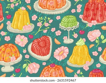 Jelly mold party seamless pattern. Raster background with jelly cakes and flowers. Great for packaging, fabric, wrapping paper.