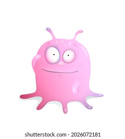 Jelly Pink Cute Little Blob Monster With Tentacles, Smiling And Happy Imaginary Creature Character Design. Cute Cartoon For Kids.