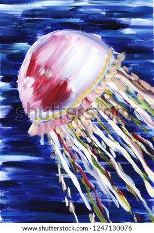 Jellyfish. Abstract impressionism painting. Hand painted with gouache on a paper.
