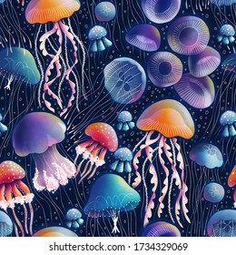 Jellyfish Bioluminescent Disco Party, Awesome Sea Creatures Seamless Pattern Illustration