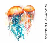 Jellyfish illustration watercolor colorful orange turquoise isolated on white background