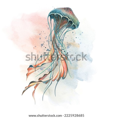 Jellyfish on the background of watercolor washes and splashes of paint. Watercolor illustration. A composition from the SYMPHONY OF THE SEA collection. For the design and decoration of stickers