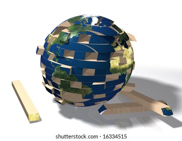 Jenga Styled Puzzle Shaped Like Earth.  World Falling Apart.