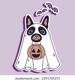 JEPEG illustration sticker and french bulldog breed dog in halloween ghost costume and pumpkin in his teeth   and bats lilac background and black outline