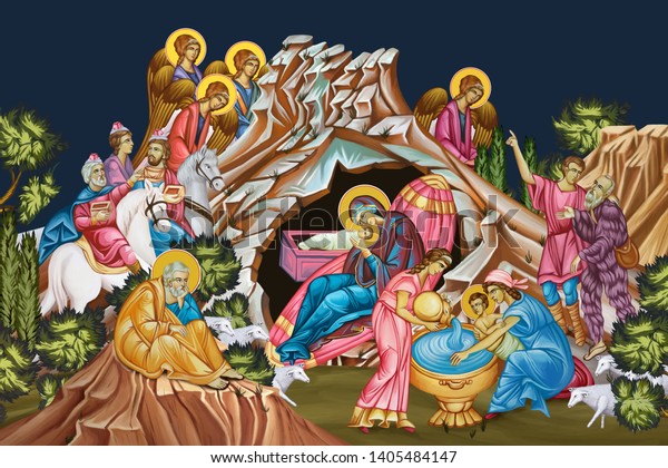 Download Jesus Birth Christmas Religious Illustration Fresco Stock Illustration 1405484147 PSD Mockup Templates