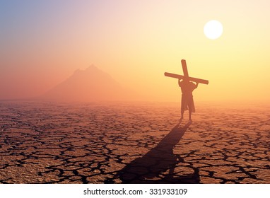 Jesus carries the cross in the desert