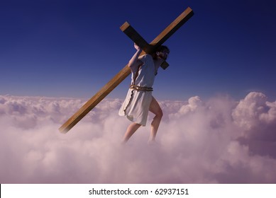 Jesus carries the cross in the sky.