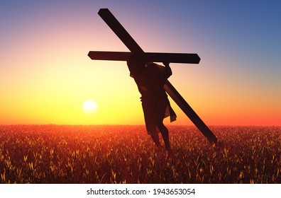 Jesus carries the cross at sunset.,3d render