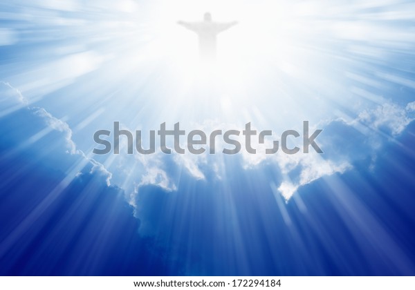 青い空に雲 天からの明るい光にイエス キリスト のイラスト素材