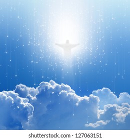 Jesus Christ In Blue Sky With White Clouds And Stars - Heaven, Easter