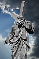 Jesus Christ Carries The Cross On The Background Of Dramatic Clouds. The Statue Is Set In Lvov, In The Courtyard Of Armenian Cathedral In 1881, The Author - T. Dykas.