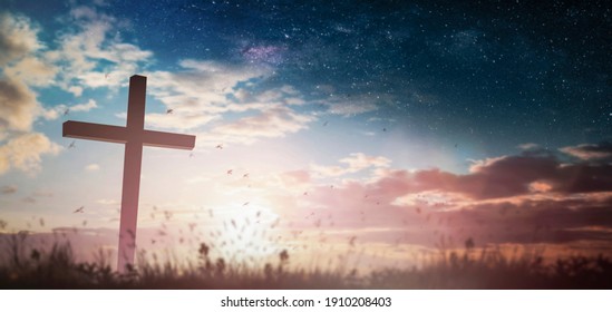 Jesus Christ Cross Crucifixion On Calvary Hill In Sunrise Good Friday Risen In Easter Day Morning Sunday Concept For Christian praise Worship Religious God, Catholic Church Pray star Dawn Background.