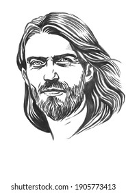 Jesus Christ Graphic Portrait. Hand Drawing. Watercolor Illustration, Jpg