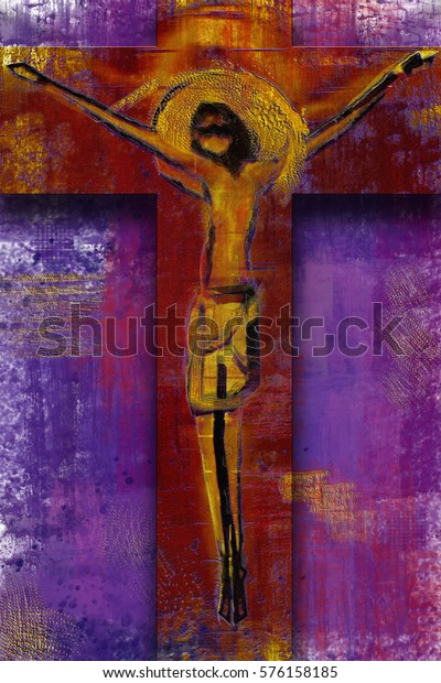 十字架の上にイエス キリスト 四旬節と情熱を表現した抽象的な芸術的な現代の背景のデジタル絵画イラスト 紫と赤のトーンで表示 のイラスト素材
