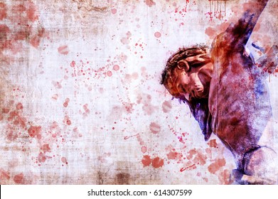 Jesus Christ on the cross. Artistic abstract religious background illustration with copy space for text.