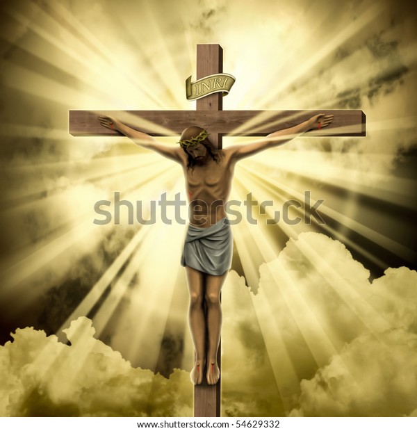 十字架の上に雲を持つイエス キリスト のイラスト素材