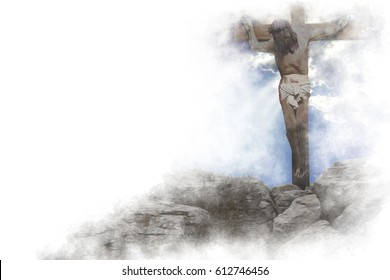 Jesus Christ on the cross - crucifixion on the Calvary Hill. Abstract artistic religious illustration of Good Friday