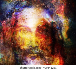 Jesus Christ painting with radiant colorful energy of light in cosmic space, eye contact