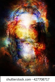 Jesus Christ Painting With Radiant Colorful Energy Of Light In Cosmic Space, Eye Contact