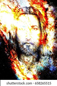 Jesus Christ Painting With Radiant Colorful Energy Of Light, Eye Contact.