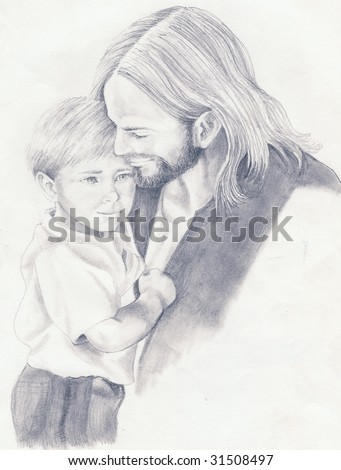 Jesus Christ Seen Holding Small Boy Stock Illustration