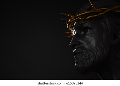 Jesus Christ Statue and Gold Crown Thorns 3D Rendering Side Angle Empty Space