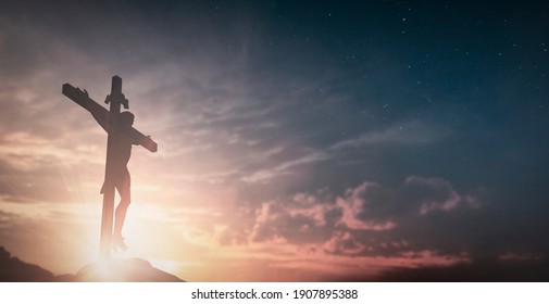 Jesus cross crucifixion on calvary hill in sunrise good Friday risen in nature morning Sunday concept for Christian praise for holy spirit religious crucifix God, Catholic church pray star dawn star. - Powered by Shutterstock