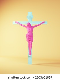 Jesus Crucifixion Pink Blue Statue Religious Art Crucifix With Yellow Beige Background 3d Illustration Render